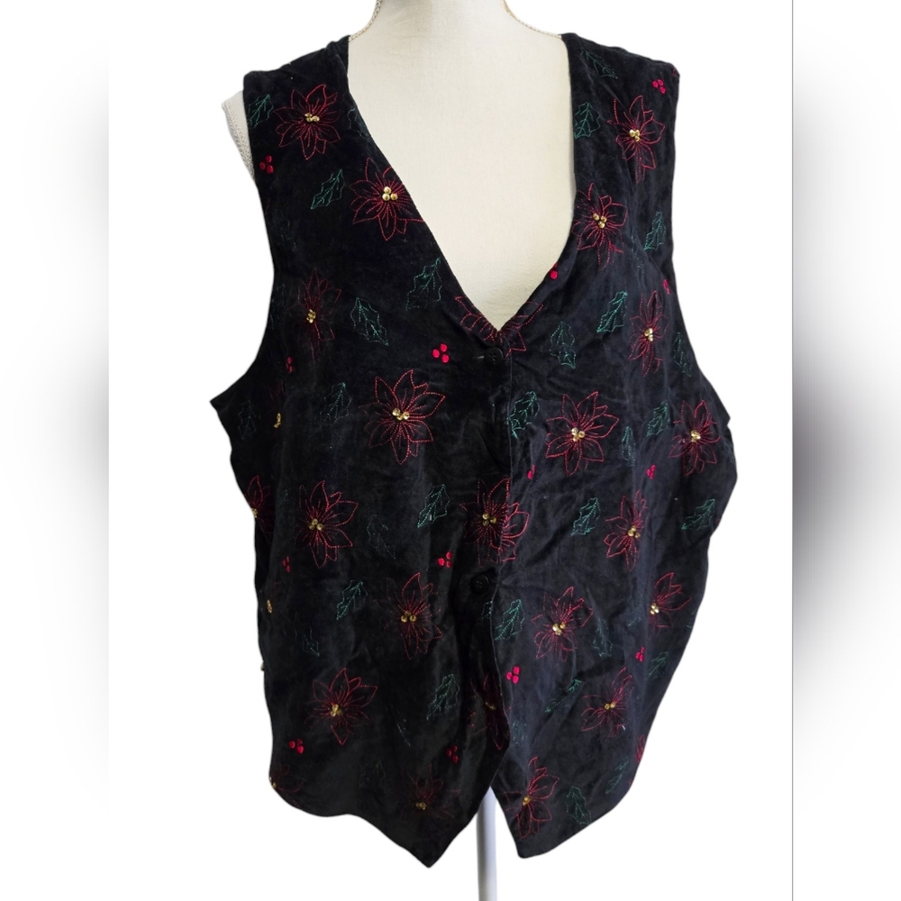 Vintage Y2K Dress Barn embroidered sequin poinsettia Christmas vest